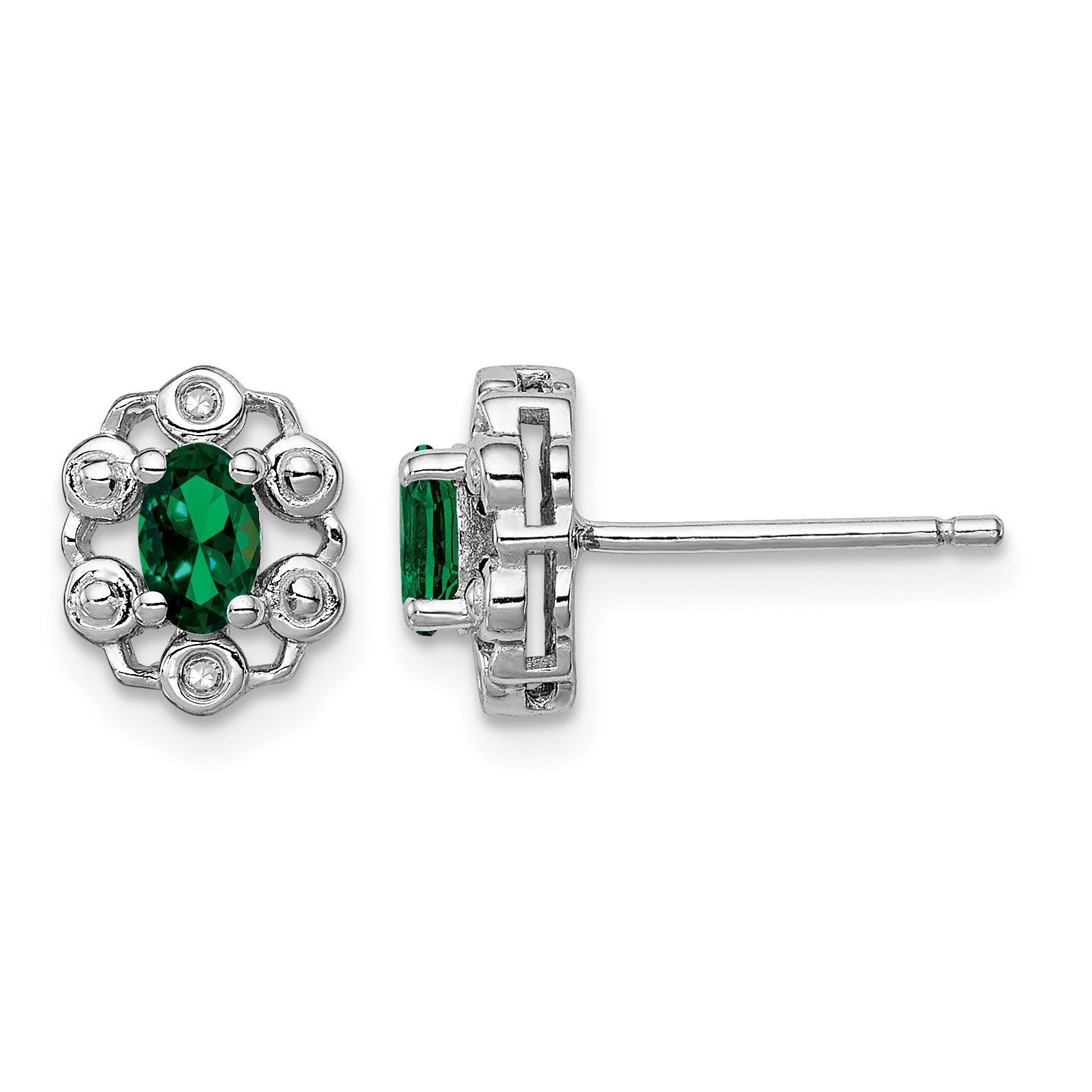 Sterling Silver Rhodium-plated Created Emerald & Diam. Earrings