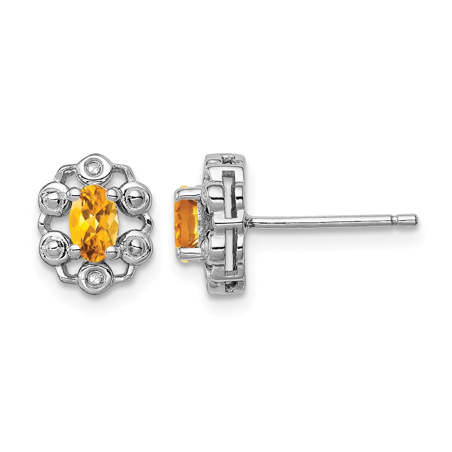 Sterling Silver Rhodium-plated Citrine & Diam. Earrings