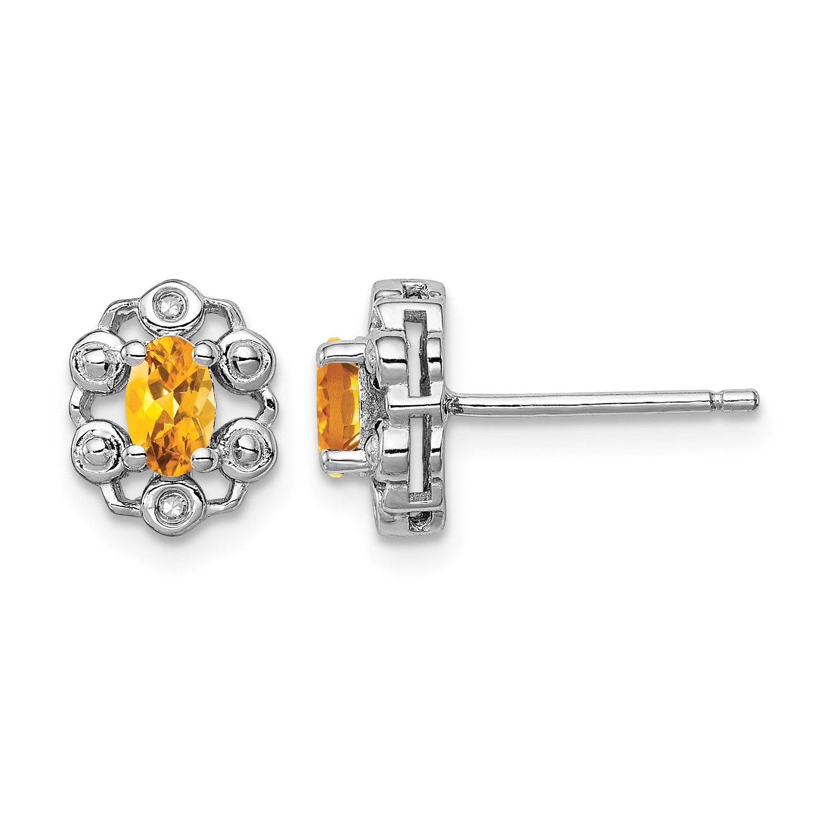 Sterling Silver Rhodium-plated Citrine & Diam. Earrings