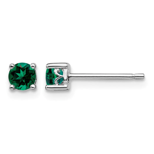 Sterling Silver Rhodium-plated 4mm Round Created Emerald Post Earrings