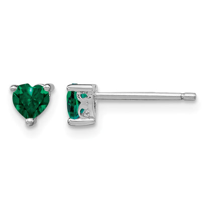 Sterling Silver Rhod-plated 4mm Heart Created Emerald Post Earrings