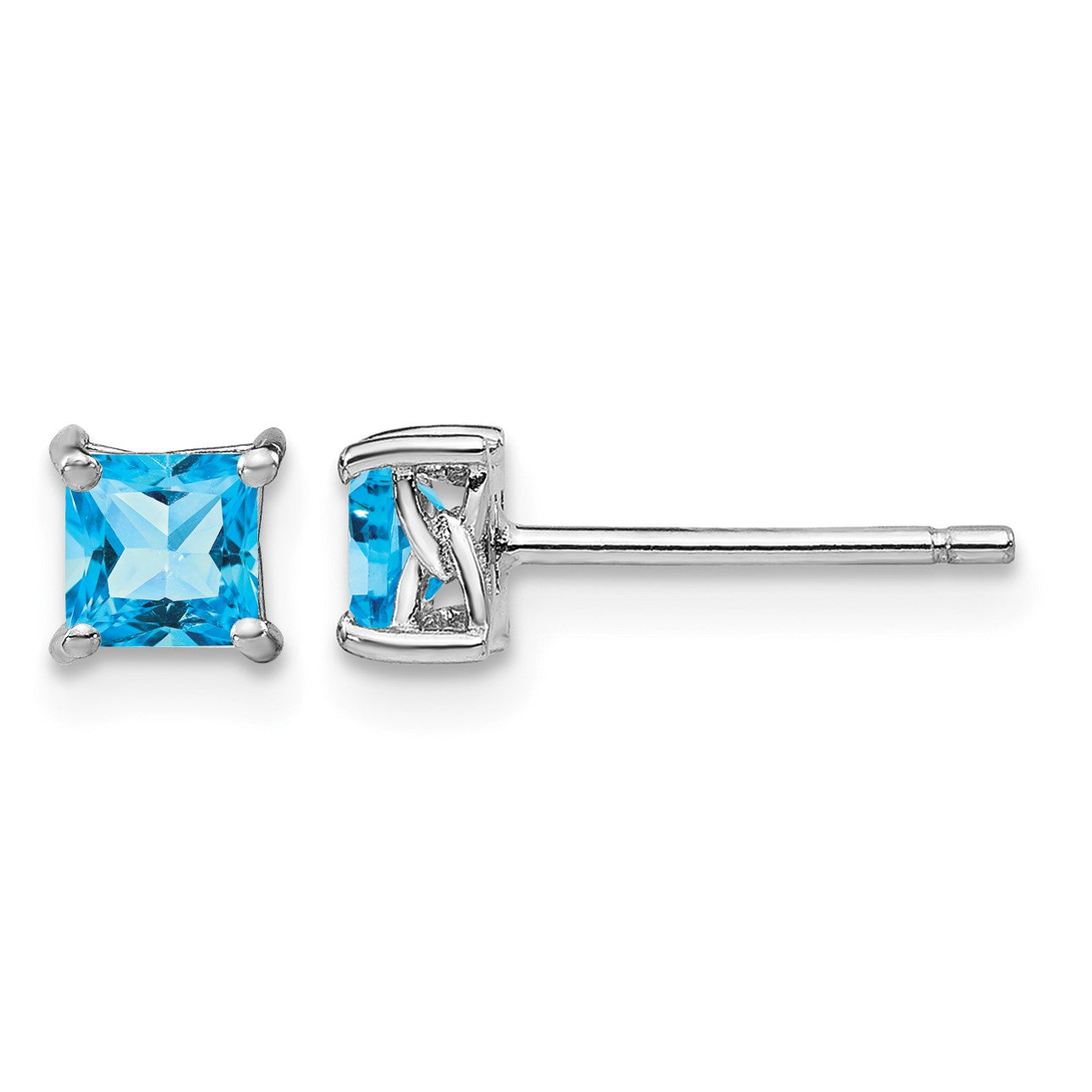 Sterling Silver Rhod-pltd 4mm Princess Swiss Blue Topaz Post Earrings