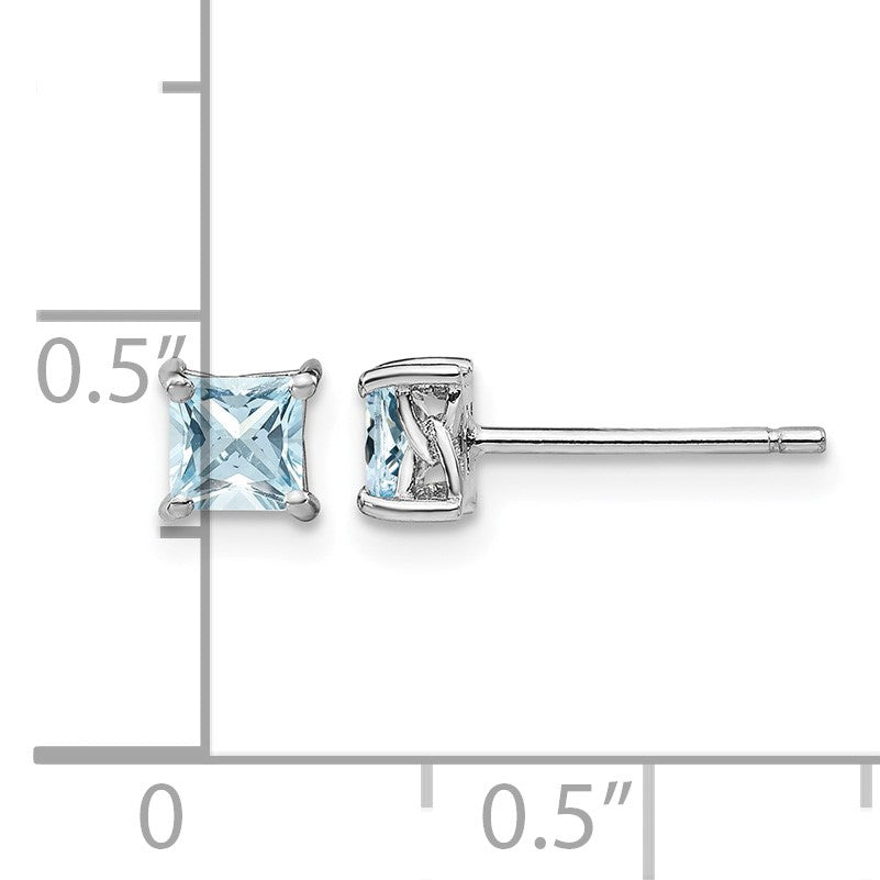 Sterling Silver Rhodium-plated 4mm Princess Aquamarine Post Earrings