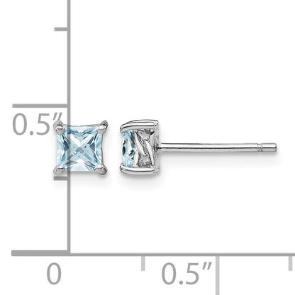 Sterling Silver Rhodium-plated 4mm Princess Aquamarine Post Earrings