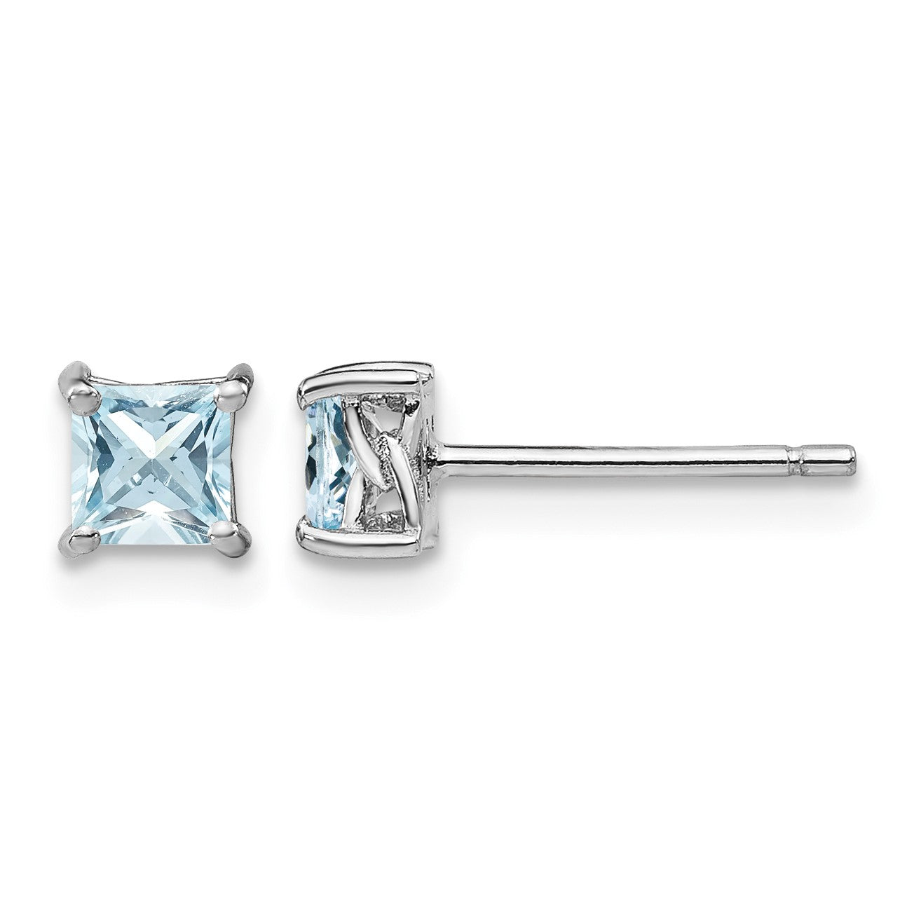 Sterling Silver Rhodium-plated 4mm Princess Aquamarine Post Earrings