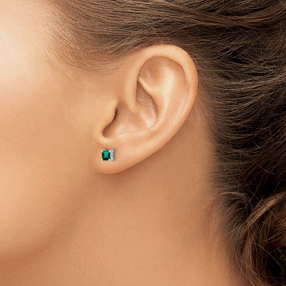 Sterling Silver Rhod-pltd 4mm Princess Created Emerald Post Earrings