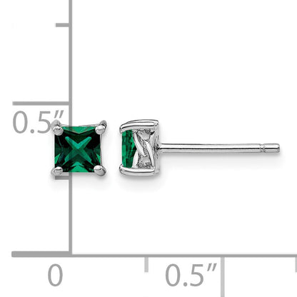 Sterling Silver Rhod-pltd 4mm Princess Created Emerald Post Earrings