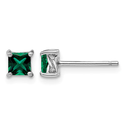 Sterling Silver Rhod-pltd 4mm Princess Created Emerald Post Earrings