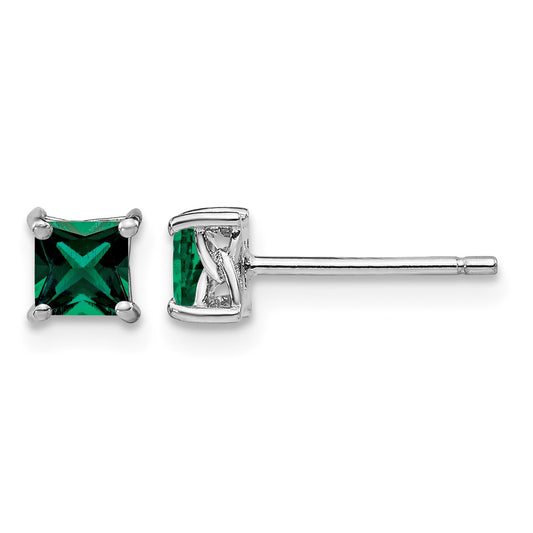 Sterling Silver Rhod-pltd 4mm Princess Created Emerald Post Earrings