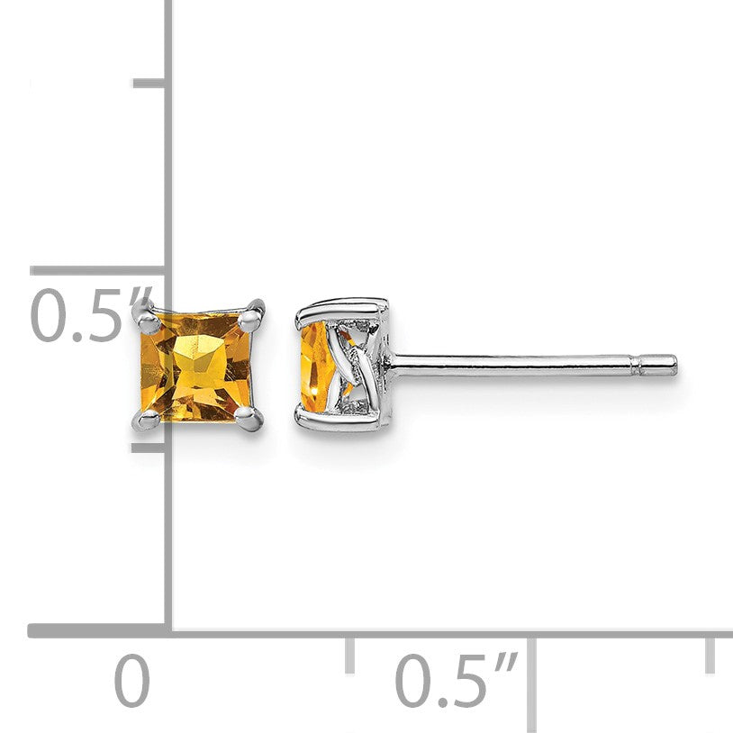 Sterling Silver Rhodium-plated 4mm Princess Citrine Post Earrings