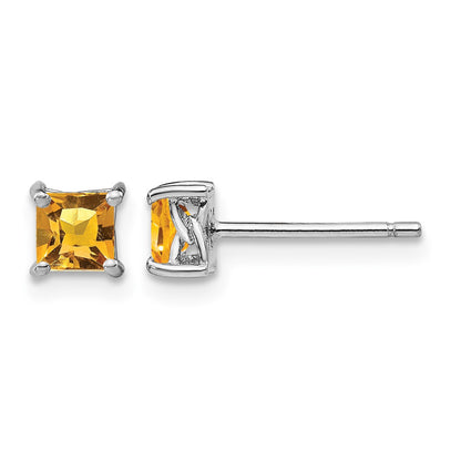 Sterling Silver Rhodium-plated 4mm Princess Citrine Post Earrings