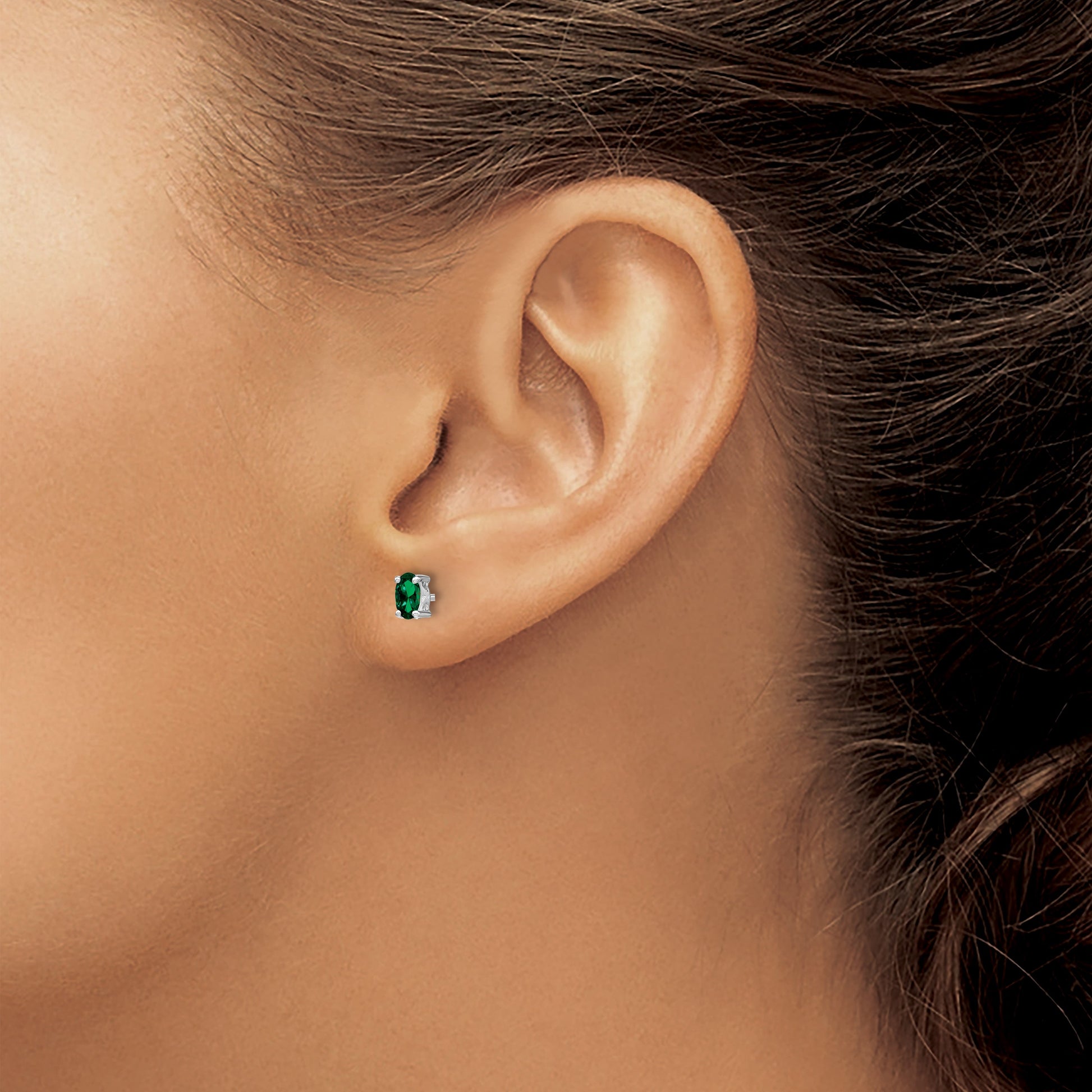 Sterling Silver Rhodium-plated 5x3mm Oval Created Emerald Post Earrings