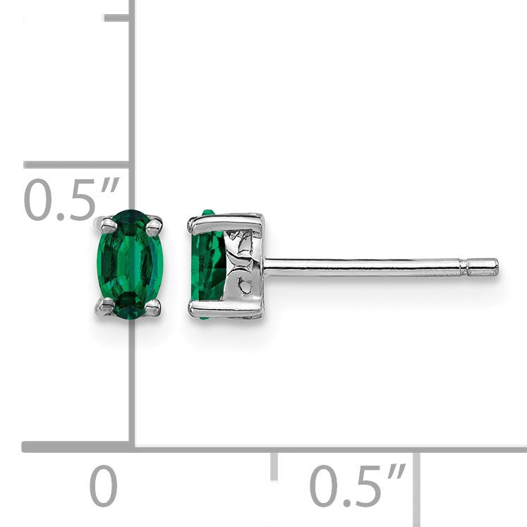Sterling Silver Rhodium-plated 5x3mm Oval Created Emerald Post Earrings
