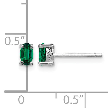 Sterling Silver Rhodium-plated 5x3mm Oval Created Emerald Post Earrings