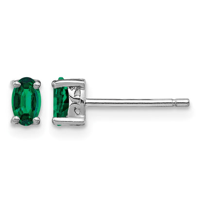 Sterling Silver Rhodium-plated 5x3mm Oval Created Emerald Post Earrings