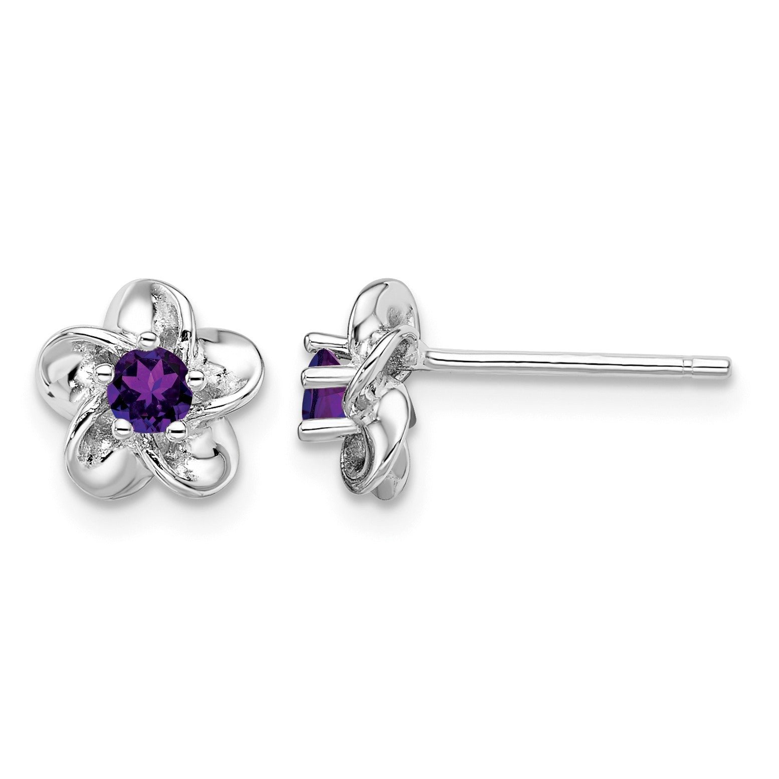 Sterling Silver Rhodium-plated Floral Amethyst Post Earrings