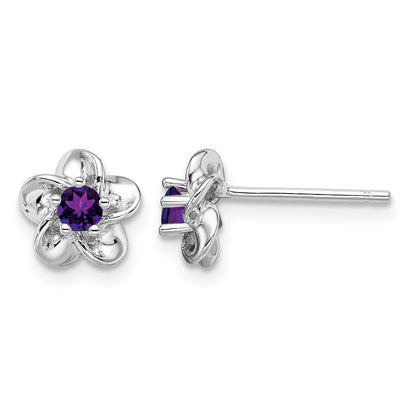 Sterling Silver Rhodium-plated Floral Amethyst Post Earrings