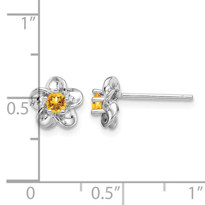 Sterling Silver Rhodium-plated Floral Citrine Post Earrings