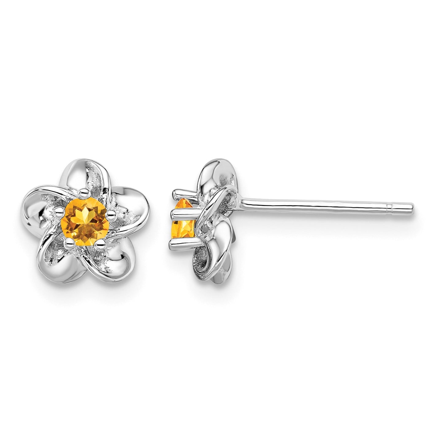 Sterling Silver Rhodium-plated Floral Citrine Post Earrings