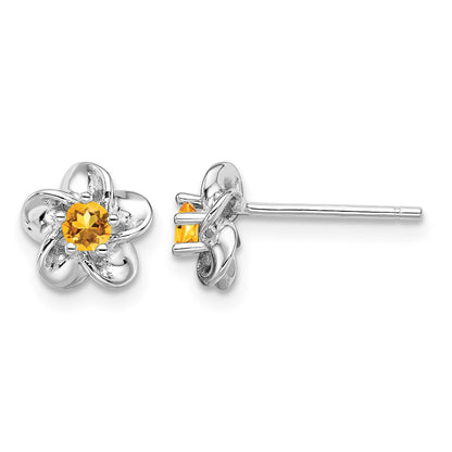 Sterling Silver Rhodium-plated Floral Citrine Post Earrings
