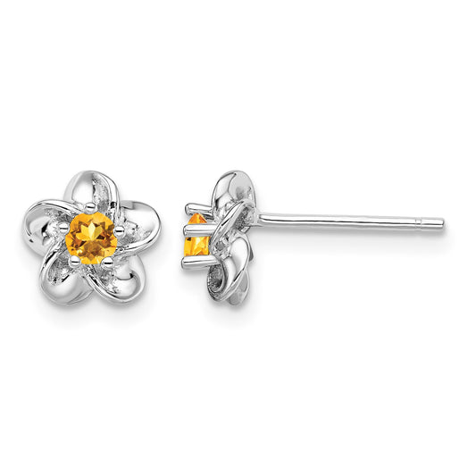 Sterling Silver Rhodium-plated Floral Citrine Post Earrings