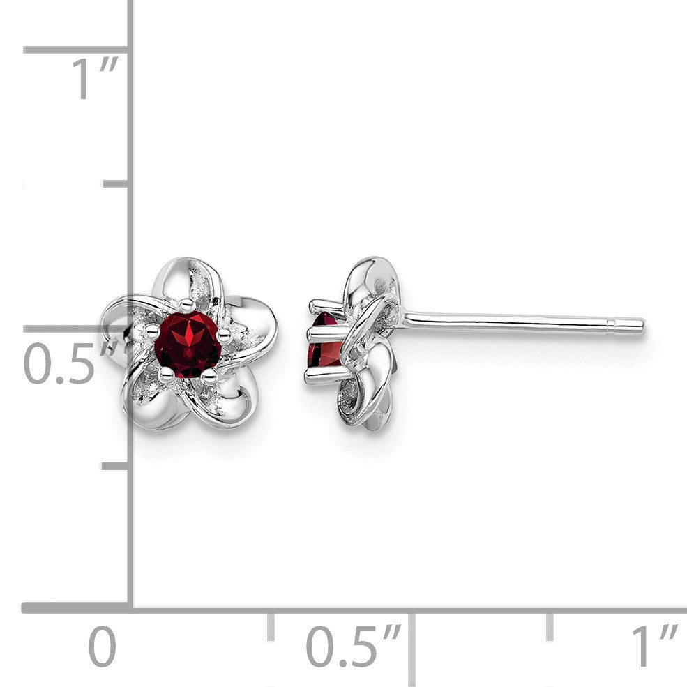 Sterling Silver Rhodium-plated Floral Garnet Post Earrings