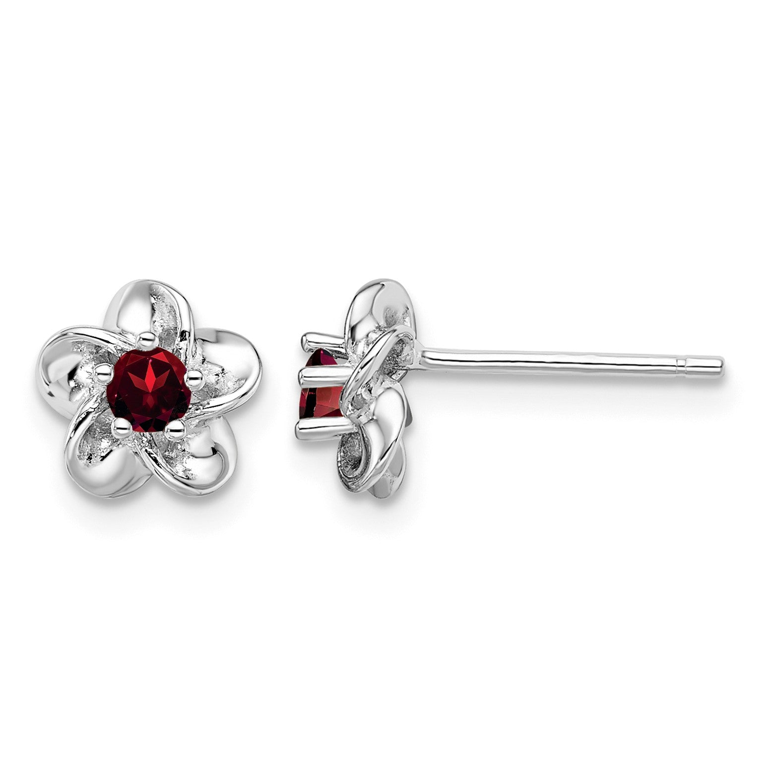 Sterling Silver Rhodium-plated Floral Garnet Post Earrings