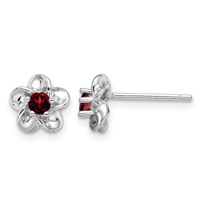 Sterling Silver Rhodium-plated Floral Garnet Post Earrings