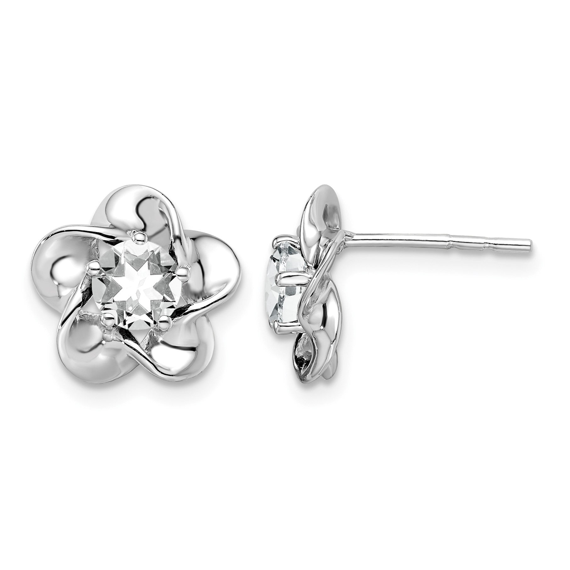 Sterling Silver Rhodium-plated Floral White Topaz Post Earrings