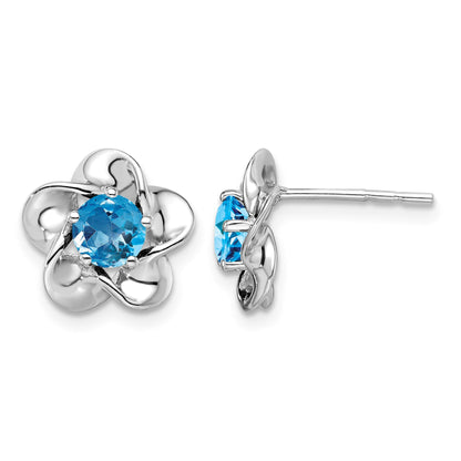Sterling Silver Rhodium-plated Floral Blue Topaz Post Earrings