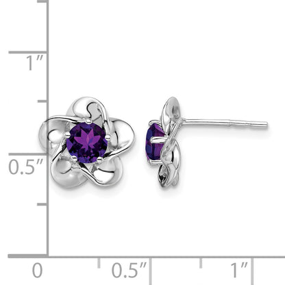 Sterling Silver Rhodium-plated Floral Amethyst Post Earrings