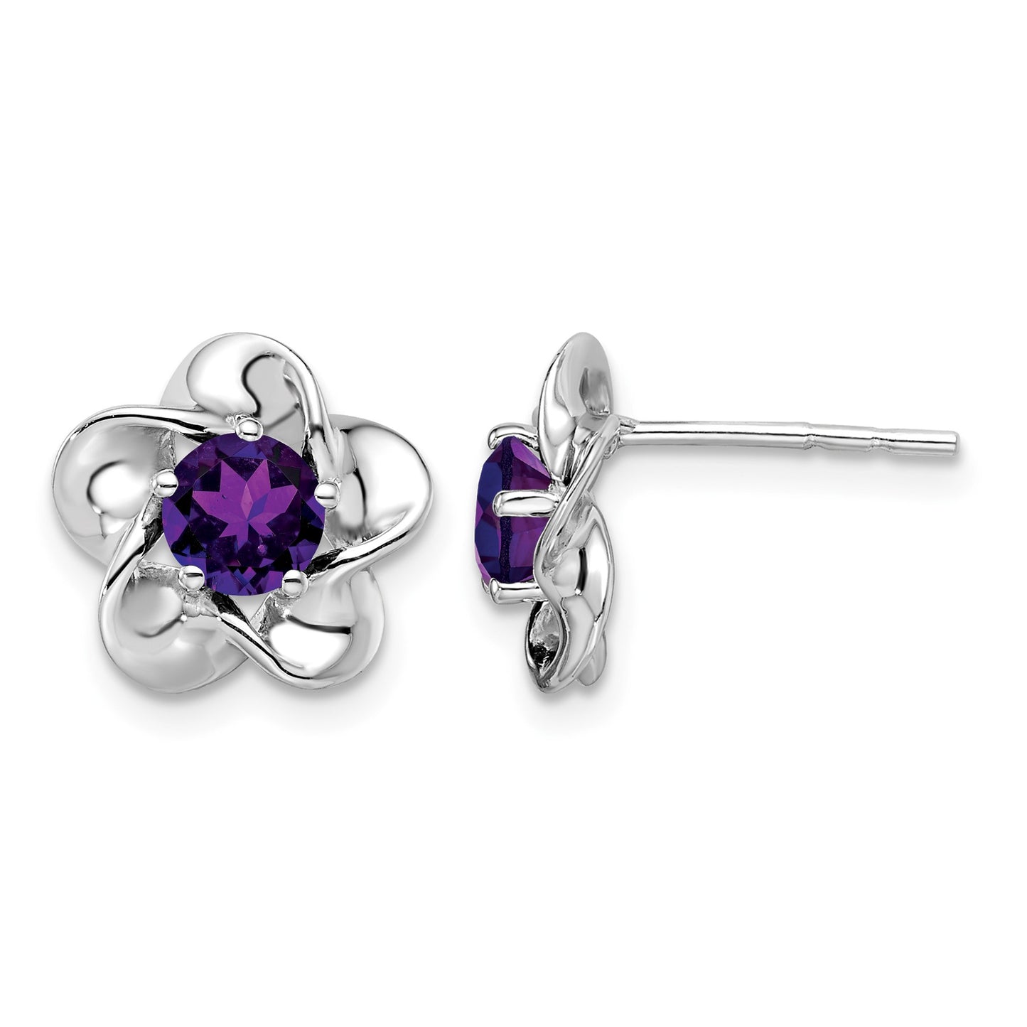 Sterling Silver Rhodium-plated Floral Amethyst Post Earrings