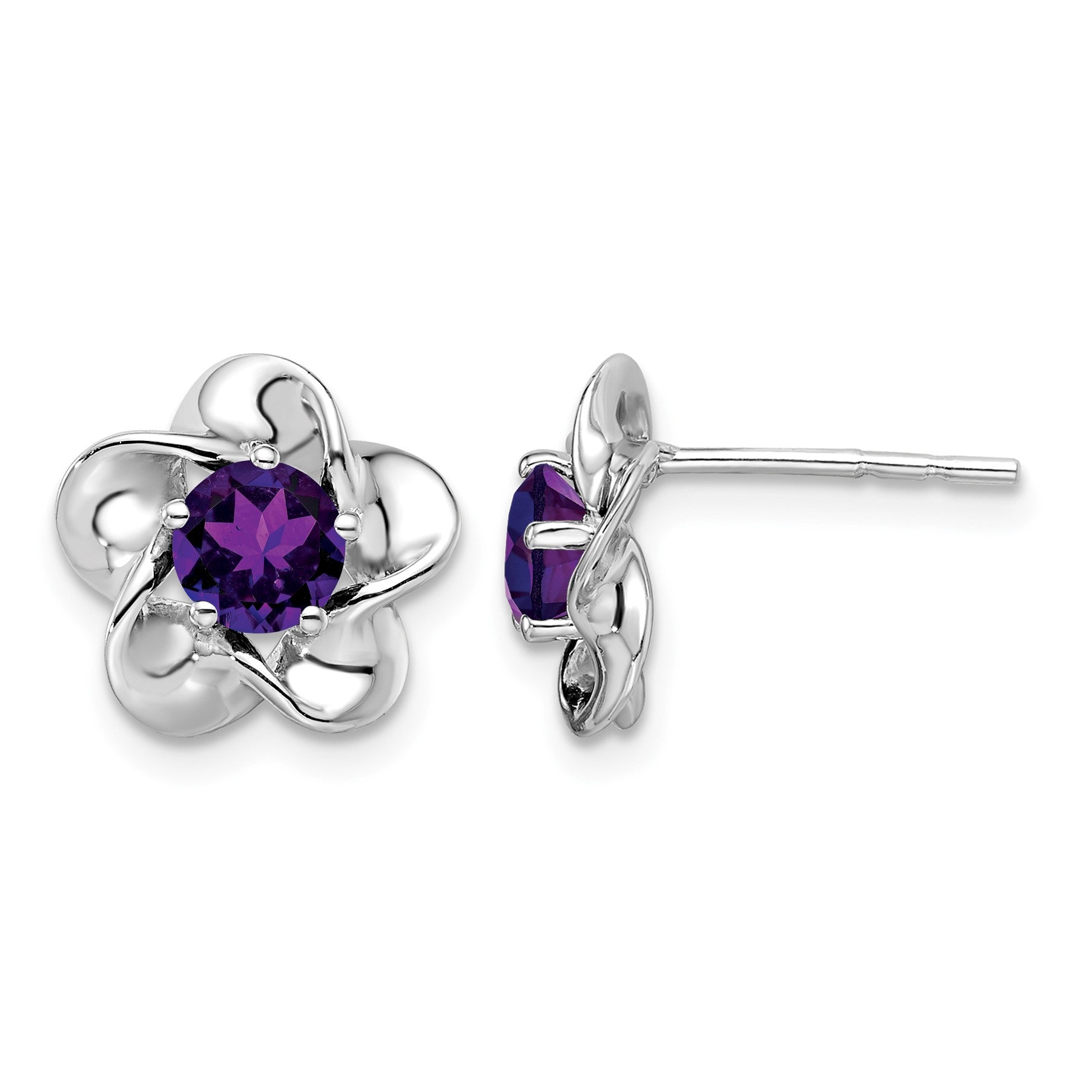 Sterling Silver Rhodium-plated Floral Amethyst Post Earrings