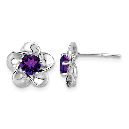 Sterling Silver Rhodium-plated Floral Amethyst Post Earrings