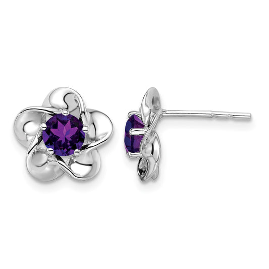 Sterling Silver Rhodium-plated Floral Amethyst Post Earrings