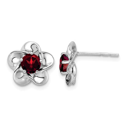 Sterling Silver Rhodium-plated Floral Garnet Post Earrings