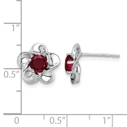 Sterling Silver Rhodium-plated Floral Created Ruby Post Earrings