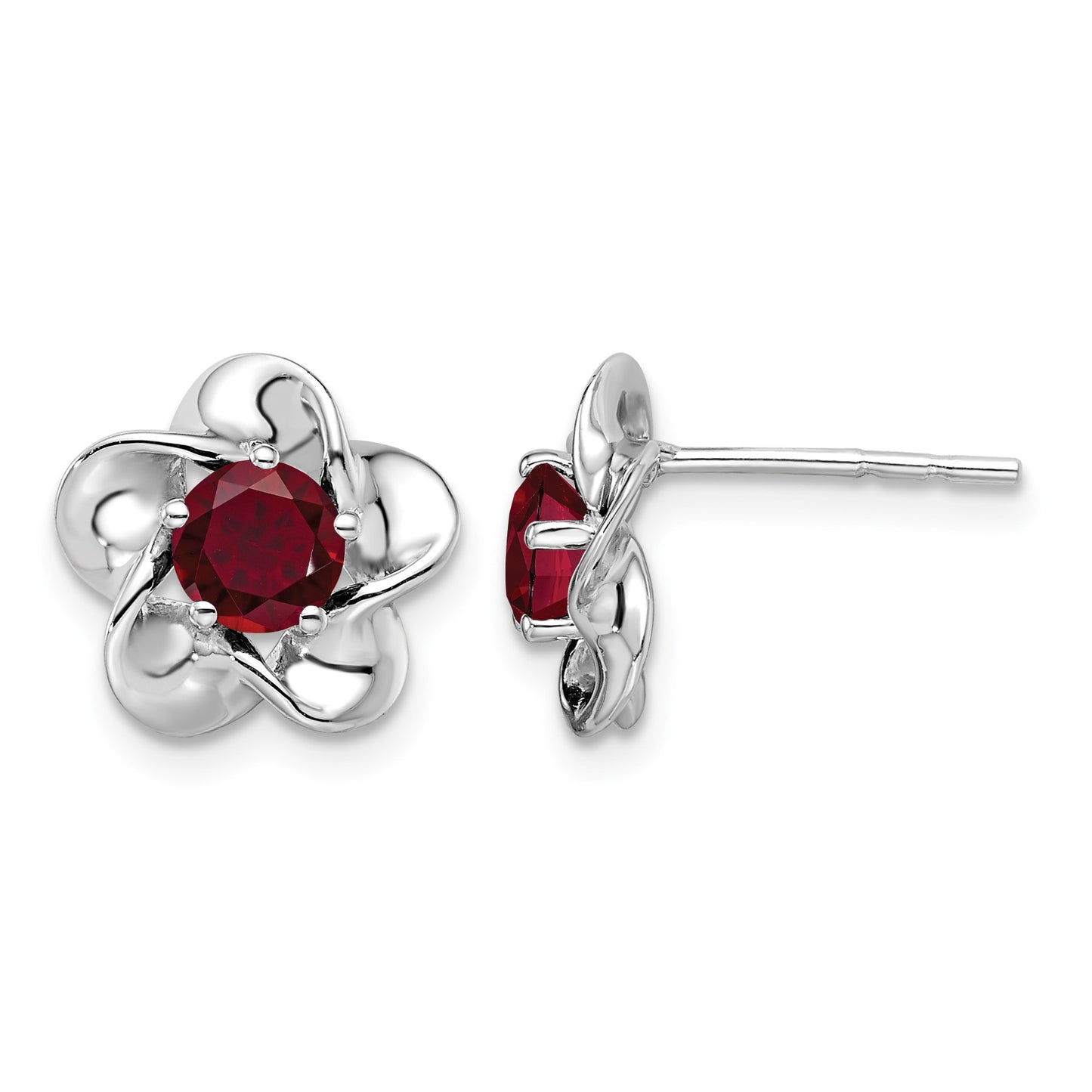 Sterling Silver Rhodium-plated Floral Created Ruby Post Earrings