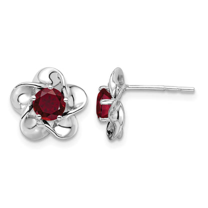 Sterling Silver Rhodium-plated Floral Created Ruby Post Earrings