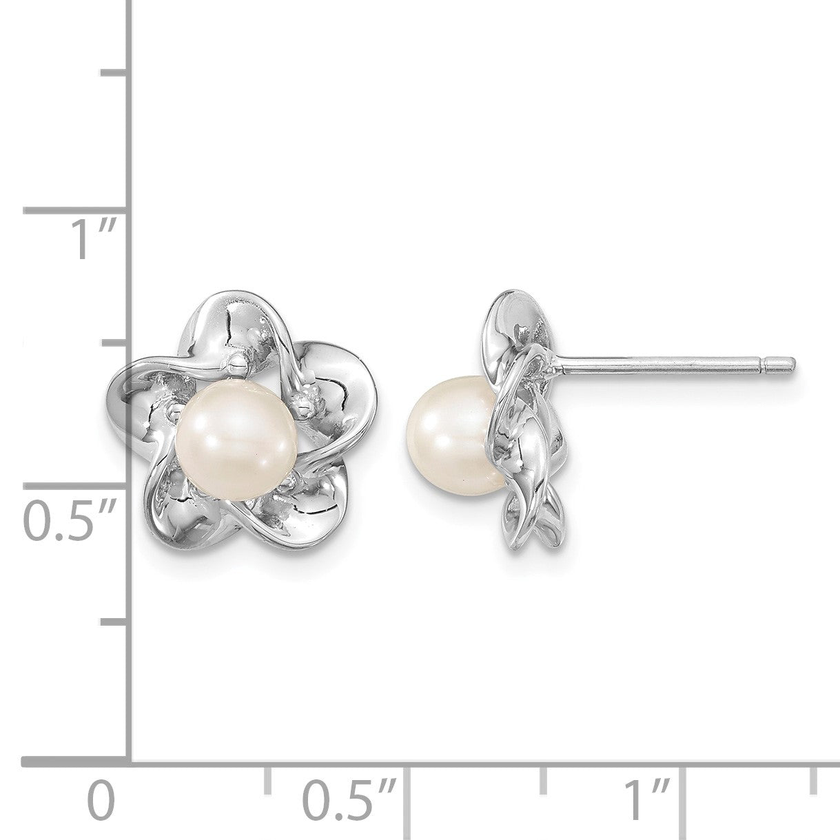 Sterling Silver Rhodium-plated Floral FWC Pearl Post Earrings