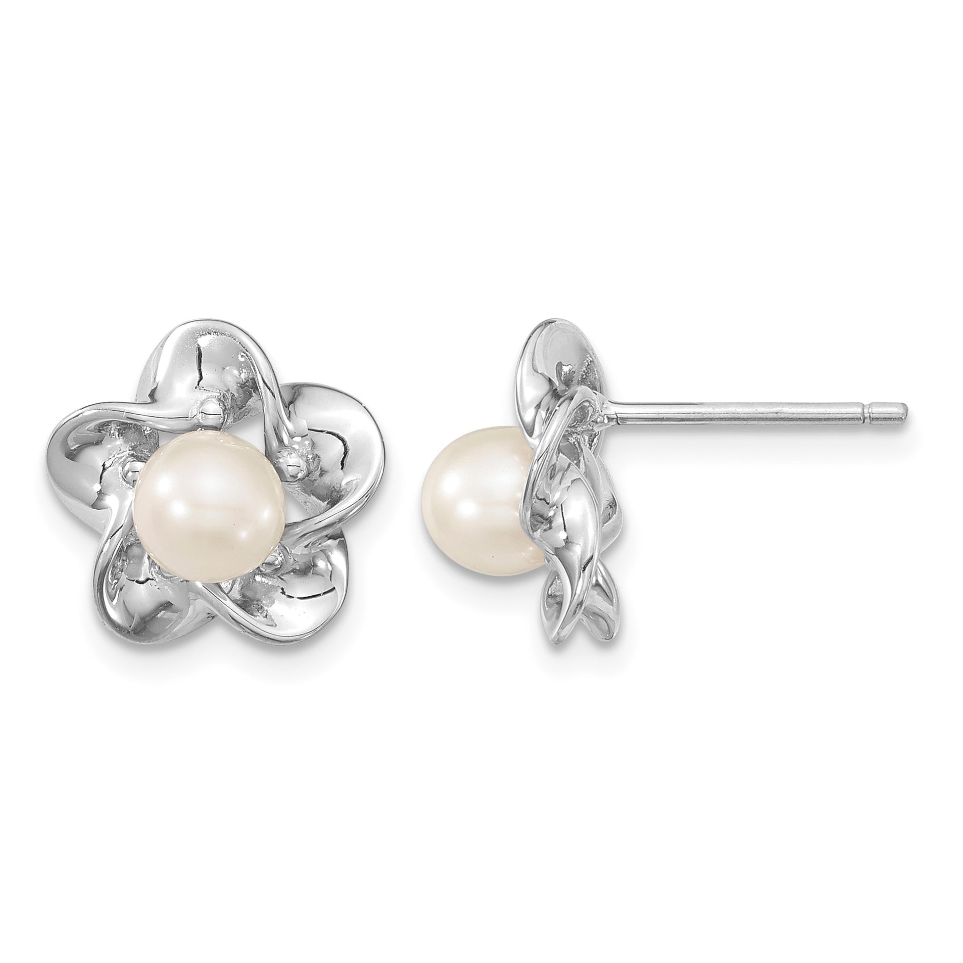 Sterling Silver Rhodium-plated Floral FWC Pearl Post Earrings