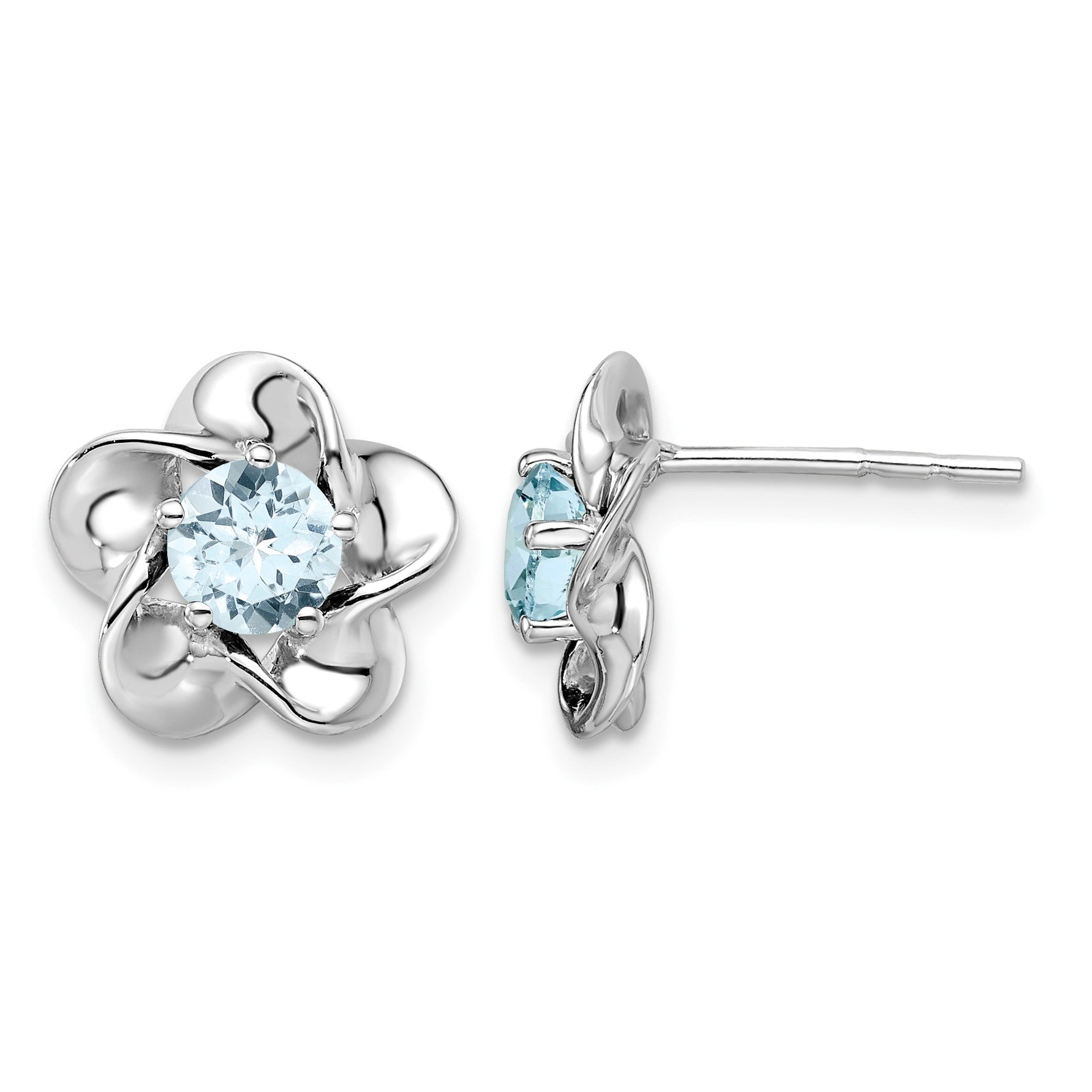 Sterling Silver Rhodium-plated Floral Aquamarine Post Earrings