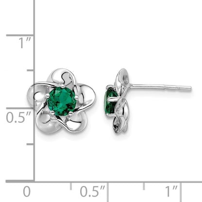 Sterling Silver Rhodium-plated Floral Created Emerald Post Earrings