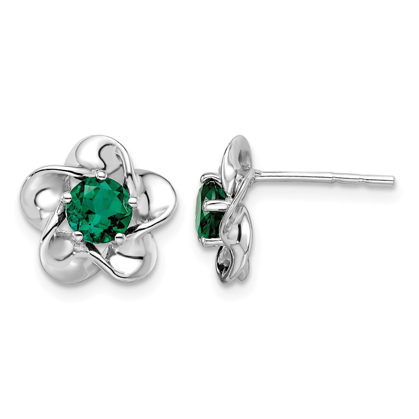 Sterling Silver Rhodium-plated Floral Created Emerald Post Earrings