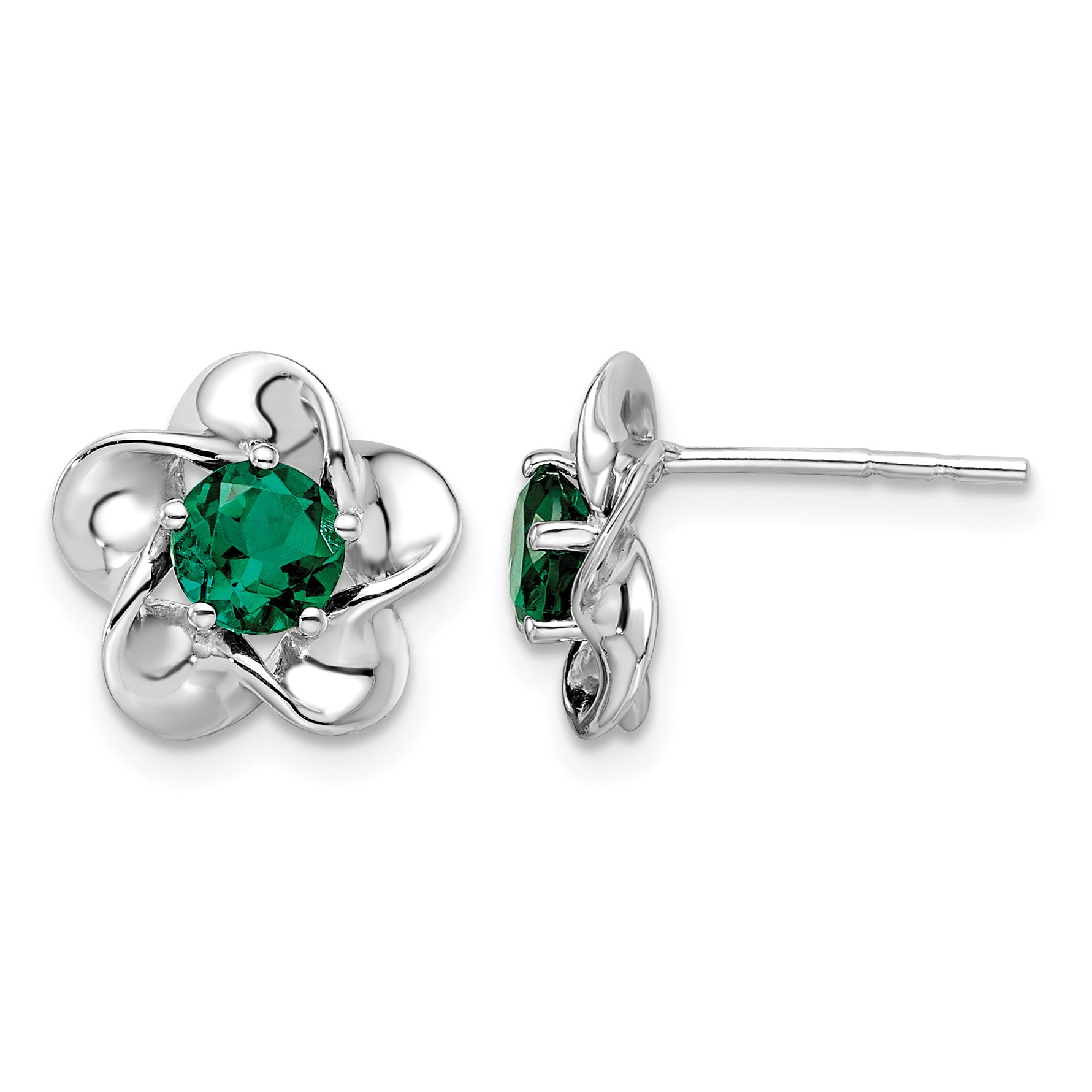 Sterling Silver Rhodium-plated Floral Created Emerald Post Earrings