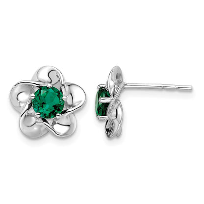 Sterling Silver Rhodium-plated Floral Created Emerald Post Earrings