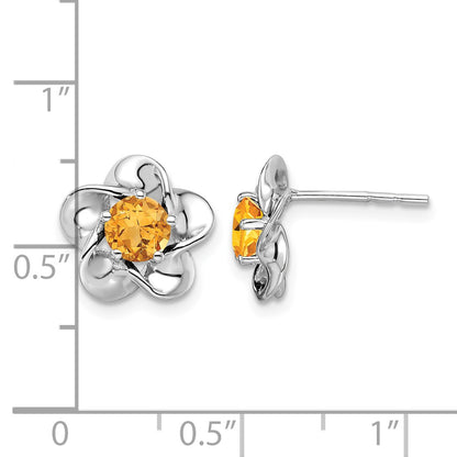 Sterling Silver Rhodium-plated Floral Citrine Post Earrings