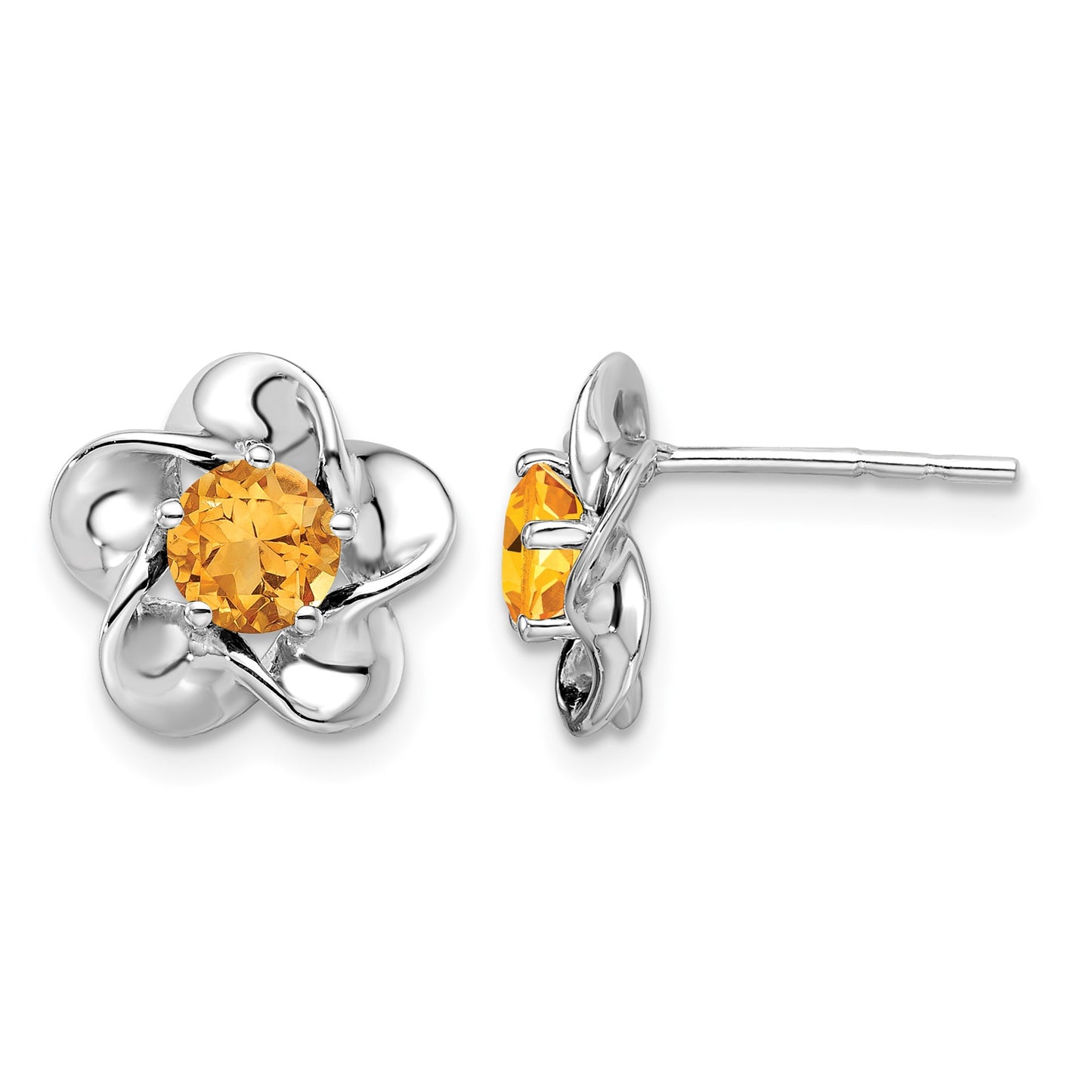 Sterling Silver Rhodium-plated Floral Citrine Post Earrings