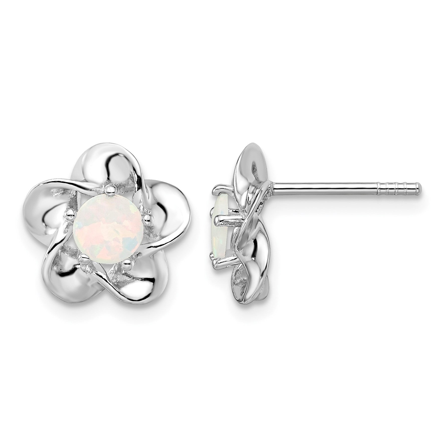 Sterling Silver Rhodium-plated Floral Created Opal Post Earrings