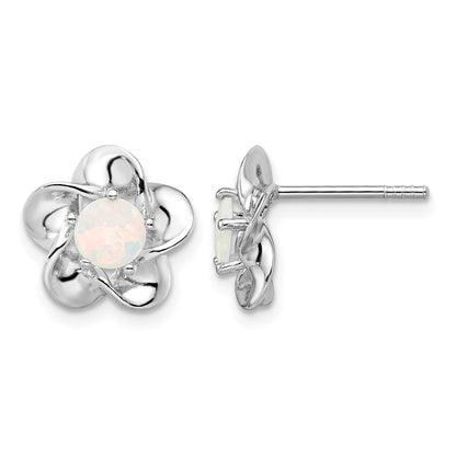 Sterling Silver Rhodium-plated Floral Created Opal Post Earrings